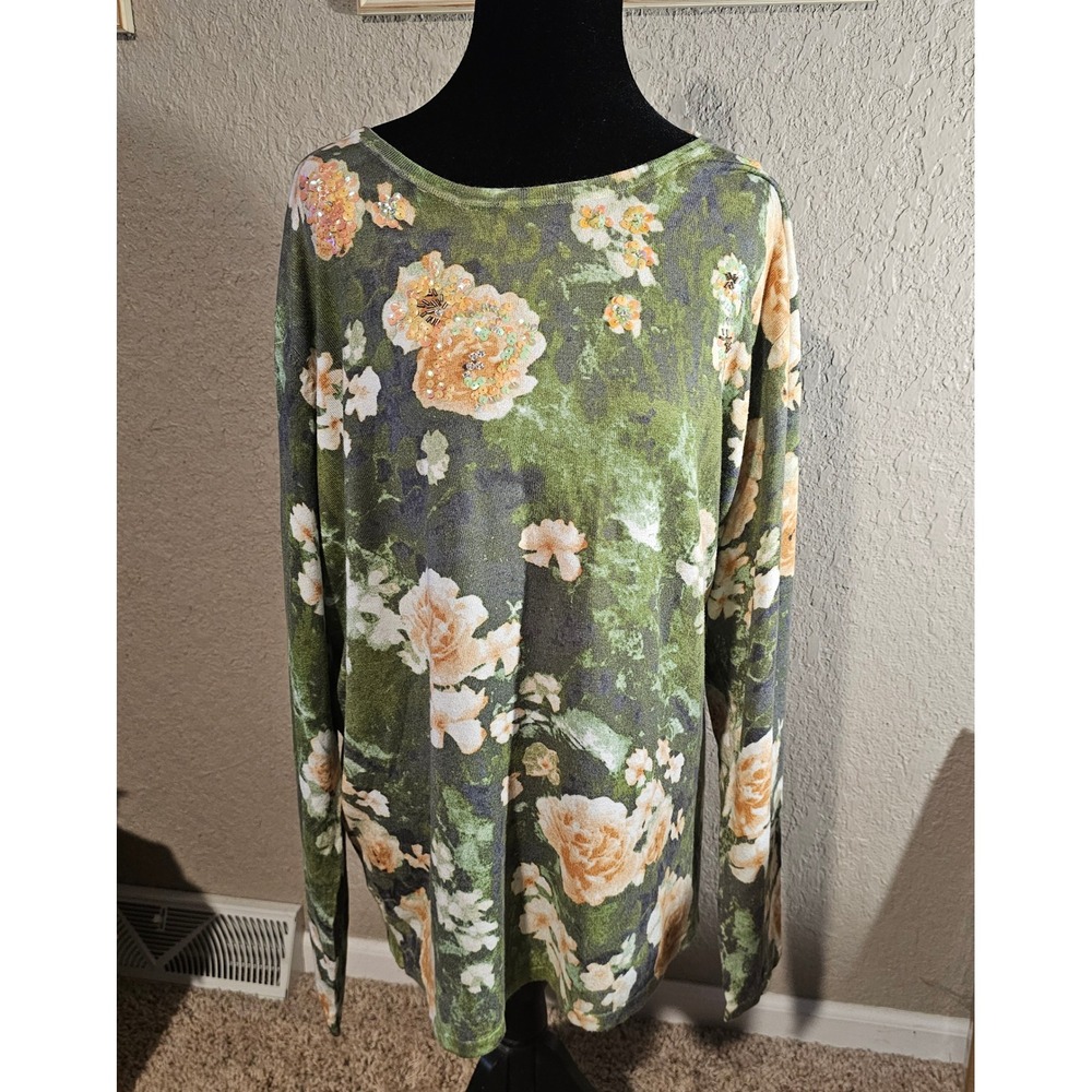 Quacker Factory Womens XL Floral Sequin Embellished Knit Sweater Green Peach